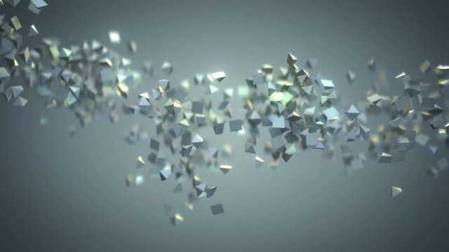 Chaotic stream of flying grey shapes. Seamless loop 3D render animation with shallow depth of field

