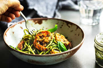 Zucchini pasta with Prawns in Basil Pesto sauce
