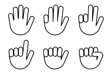 Hand icons with finger count. Hand gesture symbols, counting by bending fingers. Vector clip art illustration.