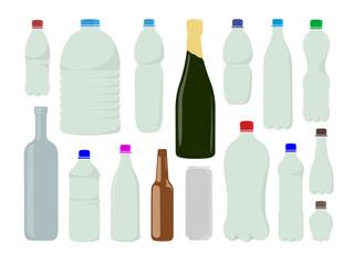 a set of plastic, metal and paper bottles and liquid bags