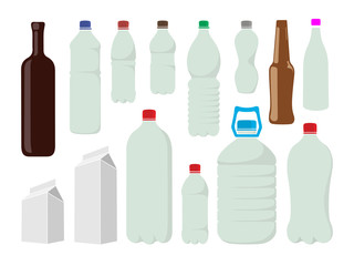 a set of plastic, metal and paper bottles and liquid bags
