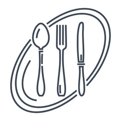 thin line icon restaurant, plate, spoon, fork, knife
