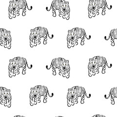 Vector seamless pattern with tigers on white background. Fabric design for tshirts and blouses. Black and white outline style wild cats wallpaper print.