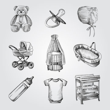 Hand Drawn Baby and newborn things Sketches Set. Collection Of Teddy bear, nipple, baby cap,  Baby carriage, cot, milk bottle, bodysuit, Sled, Mchanging table. Set of baby care Sketches