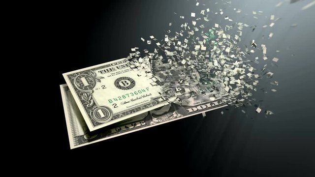 4K 3D rendering animation. The dematerialization of money, dollars are dematerialized on a black background.