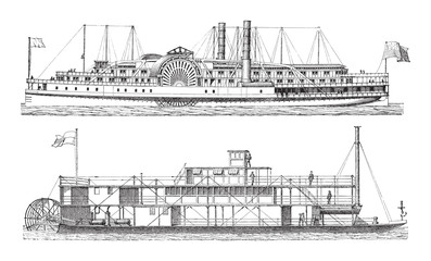 Old steamships / vintage illustration from Meyers Konversations-Lexikon 1897 - obrazy, fototapety, plakaty