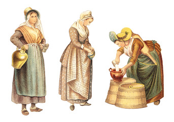 Historical milk maid fashion - from Antwerp - Belgium (left) and Amsterdam - The Netherlands (right) / vintage illustration from Meyers Konversations-Lexikon 1897