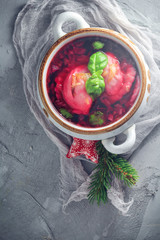 Ravioli red borscht festive table decoration