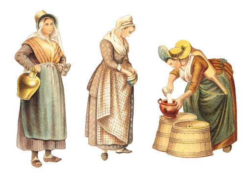Historical milk maid fashion - from Antwerp - Belgium (left) and Amsterdam - The Netherlands (right) / vintage illustration from Meyers Konversations-Lexikon 1897