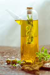 Spices kitchen olive oil bottle herbs
