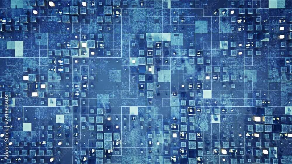Poster futuristic sci-fi wall with blue cubes. abstract science fiction background. seamless loop 3d render