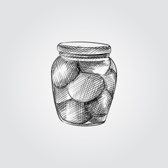 Hand Drawn Jar of pickled peaches Sketch Symbol isolated on white background. Vector glass jar In Trendy Style. Glass canning jars hand drawing sketches elements