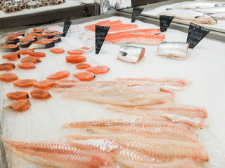 Chilled red fish lying on the counter of the store