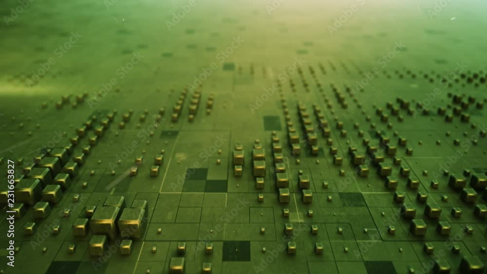 Poster dolly shot of green metallic cubes with grunge texture. abstract technology concept. seamless loop 3