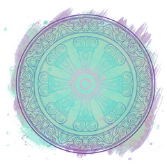 Dharma Wheel, Dharmachakra. Symbol of Buddha's teachings on the path to enlightenment, liberation from the karmic rebirth in samsara. Tattoo design. Textured background. EPS10 vector illustration