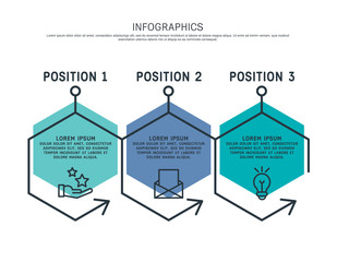 Flat line vector illustration. Infographic template with three elements, hexagons, text. Timeline step by step. Designed for business, presentations, web design, diagrams, training with 3 steps