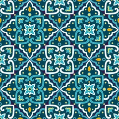 Foto op Aluminium Italiaanse tegel patroon vector naadloos met vintage ornamenten. Portugees azulejos, Mexicaans talavera, Spaans of Italië Sicilië Majolica-ontwerp. Textuur voor keukenmuur of badkamervloeren keramiek. © irinelle