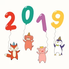Outdoor kussens Hand drawn New Year 2019 greeting card, banner with cute funny animals holding numbers made of balloons. Line drawing. Isolated objects. Vector illustration. Design concept for party, celebration. © Maria Skrigan
