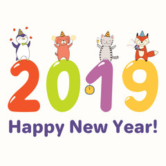 Hand drawn New Year 2019 greeting card, banner with cute funny animals standing on big numbers, celebrating, typography. Line drawing. Isolated objects. Vector illustration. Design concept for party.