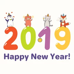Fotobehang Hand drawn New Year 2019 greeting card, banner with cute funny animals standing on big numbers, celebrating, typography. Line drawing. Isolated objects. Vector illustration. Design concept for party. © Maria Skrigan