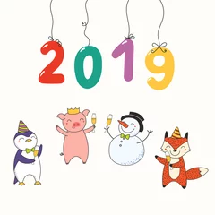 Stof per meter Hand drawn New Year 2019 card, banner with numbers hanging on strings, cute funny animals celebrating. Line drawing. Isolated objects on white background. Vector illustration. Design concept for party © Maria Skrigan