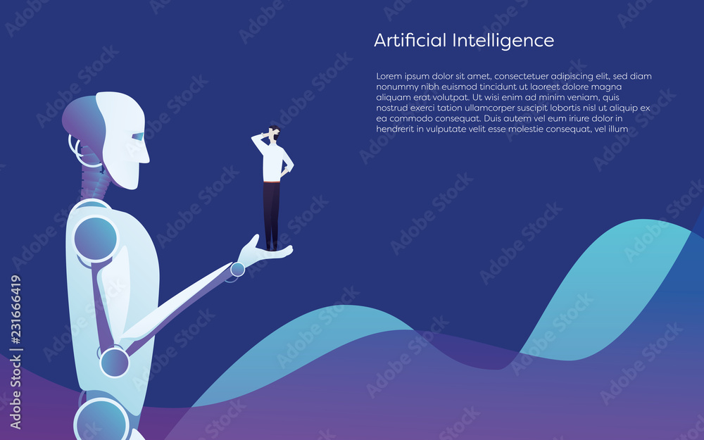 Poster artificial intelligence robot holding businessman in hand vector concept. symbol of future technolog