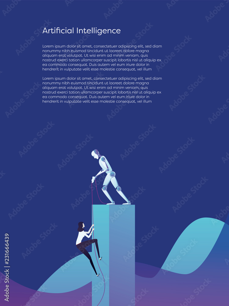Poster artificial intelligence robot helping woman climb higher vector concept. symbol of assistance, help 