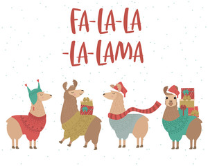 Merry Christmas greeting card with fun llama. Editable vector illustration