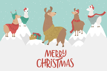 Merry Christmas greeting card with fun llama. Editable vector illustration