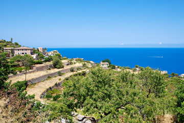 Naklejka na ściany i meble Island scenery, seascape of Mallorca Spain. Idyllic coastline of Majorca, Mediterranean Sea on sunny day