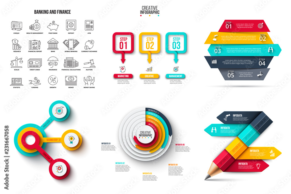 Aufkleber abstract elements of graph, diagram with 3, 4 and 5 steps, options, parts or processes. vector busin