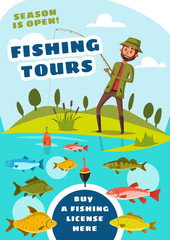 Fishing tours for fishers poster with fish in lake