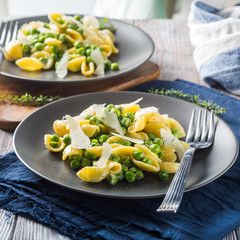 Italian orecchiette pasta with peas, cream and pecorino cheese