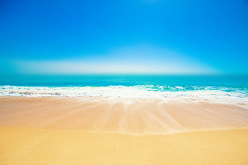 Fototapeta na wymiar Beach, sand and blue ocean. Panoramic Summer Background. Copy space