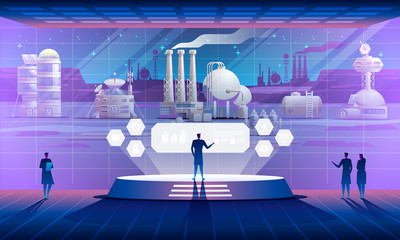 Mars colonization. Interior of the space base with view on mars settlement.