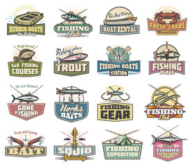 Fishery icons, fishing sport items and fish