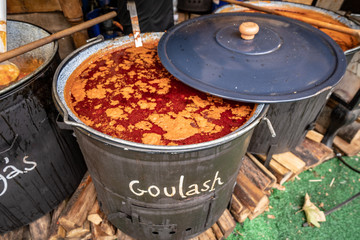 Hungarian Goulash (Golyas) traditional pork meal served in Budapest Christmas market