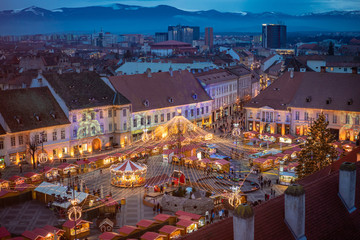 Sibiu Christmas market aerial view at night