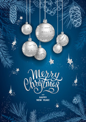 Merry Christmas and Happy New Year card with realistic silver balls, stars, sequins. Sketch of different branches of fir tree, cedar, pine, hawthorn and cones on blue background. Elegant lettering - 231667862