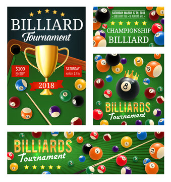 Billiard or pool tournament, cups and balls