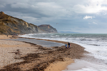 People hunting for fossils on Charmouth Beach on the Jurassic Coast in Dorset, England.