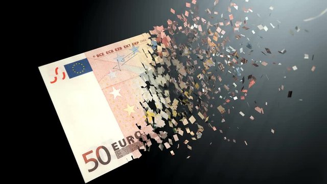 4K 3D rendering animation. The dematerialization of money, Euros are dematerialized on a black background.