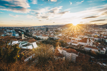 Graz sunset in Austria as seen from above