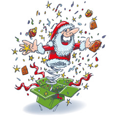 Weihnachtsmann springt aus einer Box als Überraschung 