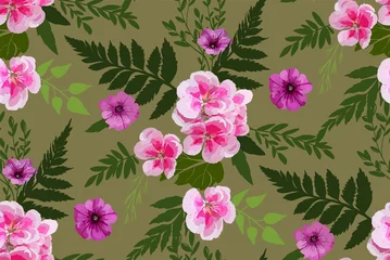 Deurstickers Bloemen naadloos patroon als achtergrond met verschillende bloemen en bladeren. Botanische illustratie hand getrokken. Textielprint, stofstaal, inpakpapier.. © Elena
