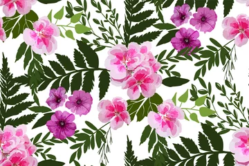 Fototapeten Floral seamless background pattern with different flowers and leaves. Botanical illustration  hand drawn. Textile print, fabric swatch, wrapping paper. © Elena