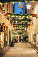 Salzburg old town city streets decorated for Christmas advent