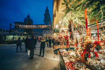 Salzburg Christmas Christkindl advent Market seen trough a Christmas tree branches