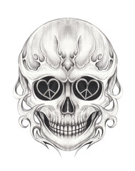 Art Surreal Skull Tattoo. Hand drawing on paper.