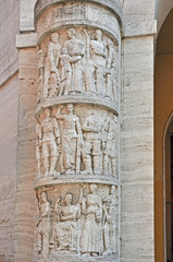 Imola, Italy, low reliefs in the portal of the fascist palace along the old Emilia street. The...